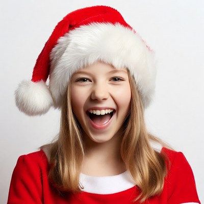 Blonde girl smiling in Santa hat