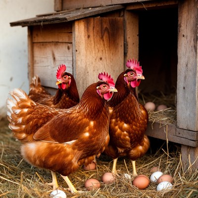 Chickens in wooden henhouse with eggs