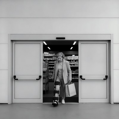 Elderly woman with leg brace exiting store