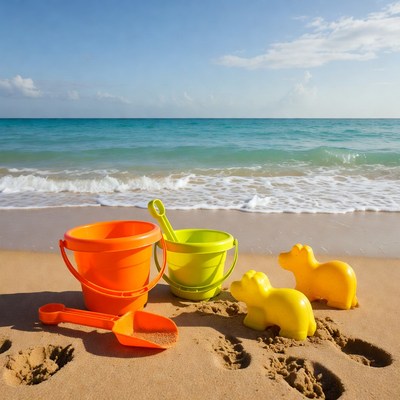 Colorful beach toys on sandy shore