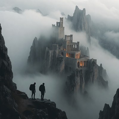 Two men overlooking misty mountain castle