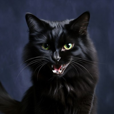 Black cat hissing with green eyes