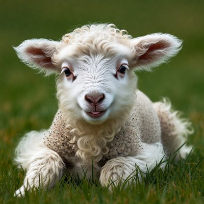 Cute fluffy lamb on green grass