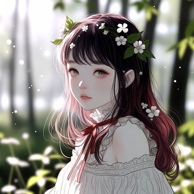 Anime girl with flowers in forest