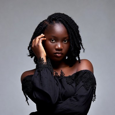 African woman with cornrows in black off-shoulder dress