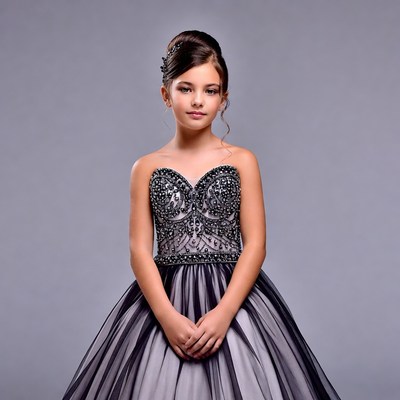 Girl in black beaded tulle gown