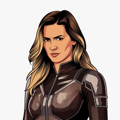 Blonde woman in black superhero suit