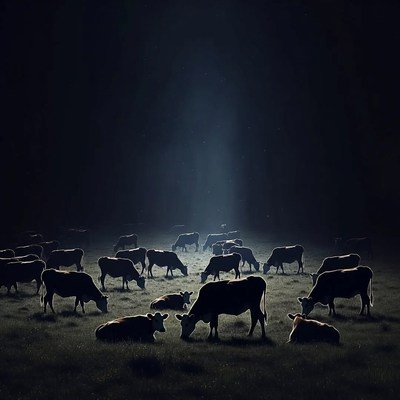 Herd of cows grazing in dark field