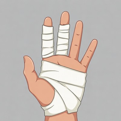 Bandaged hand with taped fingers