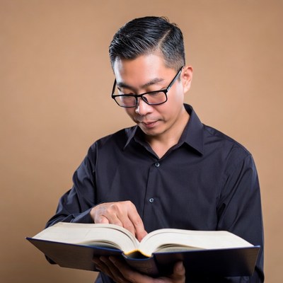 Asian man reading book