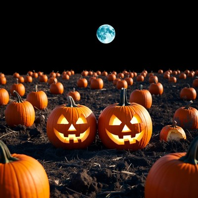 Two Jack-o-Lanterns in Pumpkin Patch