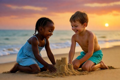 Black girl and white boy building sandcastle