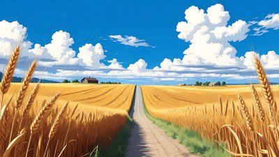 Wheat Field Path with Houses