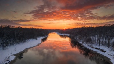 Winter River Sunset with Snowy Trees