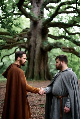 Two men shaking hands in forest
