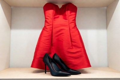 Red Dress with Black Heels in Shelf