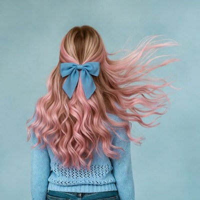 Woman with pink hair and blue bow