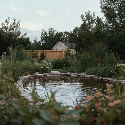 Garden Pond with House Backyard