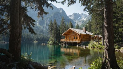 Log cabin by alpine lake