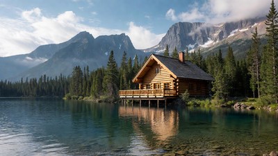 Log cabin by mountain lake