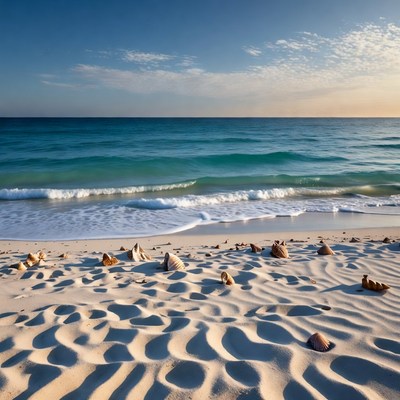 Seashells on tropical beach at sunset