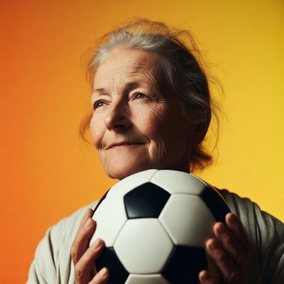 Elderly woman holding soccer ball