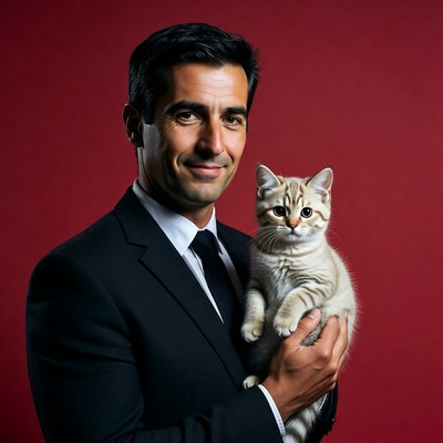 Man holding kitten in suit