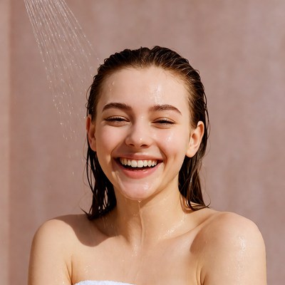 Young woman showering smiling