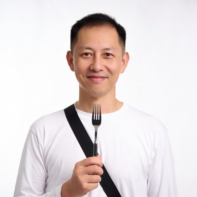 Asian man holding fork