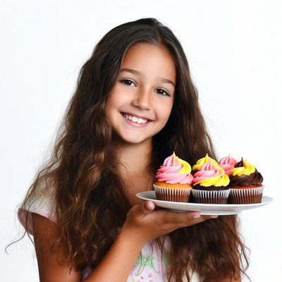 Girl holding plate of cupcakes
