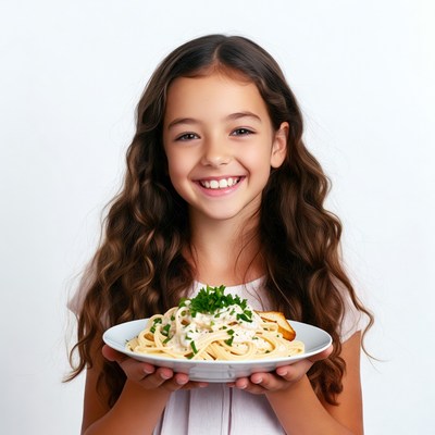 Girl holding creamy pasta plate