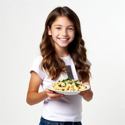 Girl holding plate of pasta