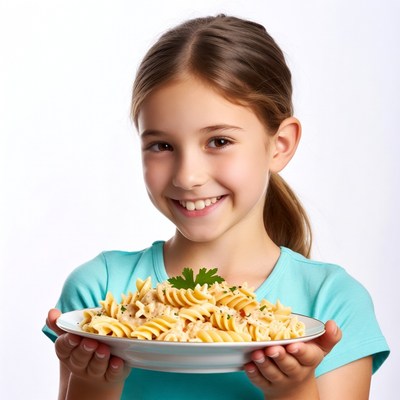 Girl holding plate of pasta