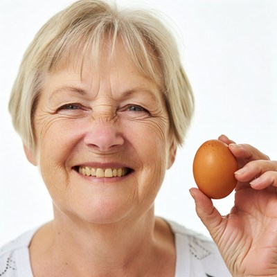 Elderly woman holding egg