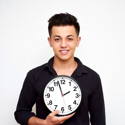Young man holding black clock