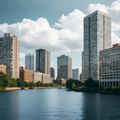 Modern skyscrapers along blue river