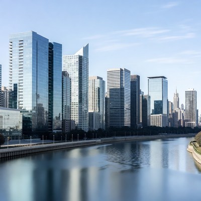 Modern Skyscrapers Along River