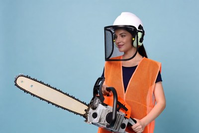 Asian woman holding chainsaw in safety gear