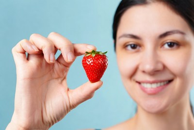 Woman holding fresh strawberry