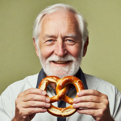 Elderly man holding pretzel