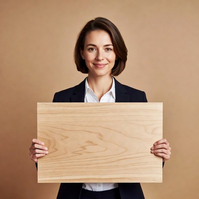 Woman holding blank wooden sign