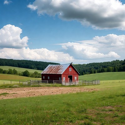 Red Barn in Green Rolling Hills