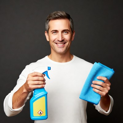 Man holding spray bottle and cloth