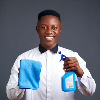 African man holding spray bottle cloth