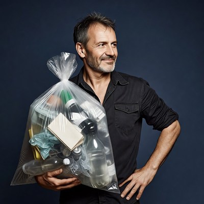 Man holding clear trash bag