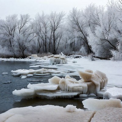 Frozen lake with ice chunks and snowy trees