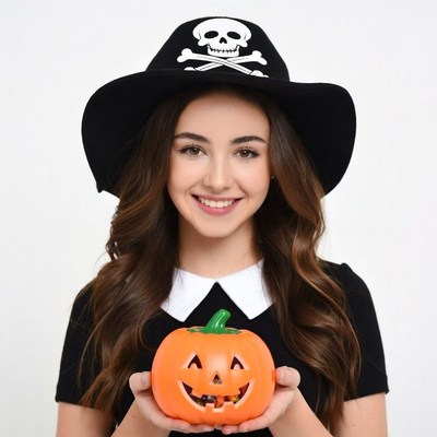Girl in pirate hat holding jack-o-lantern