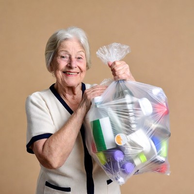 Elderly woman holding plastic bag
