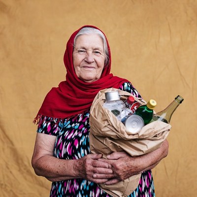 Elderly woman holding recycling bag