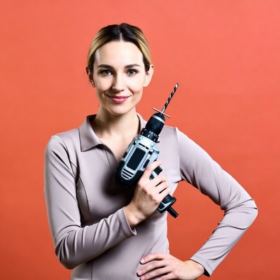 Woman holding drill on orange background